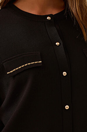 Seçil Kadın Yuvarlak Yaka Düğmeli Triko Hırka 1012 Siyah