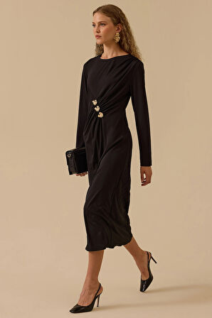 Seçil Kadın Gold Aksesuar Detaylı Drapeli Elbise 0003 Siyah