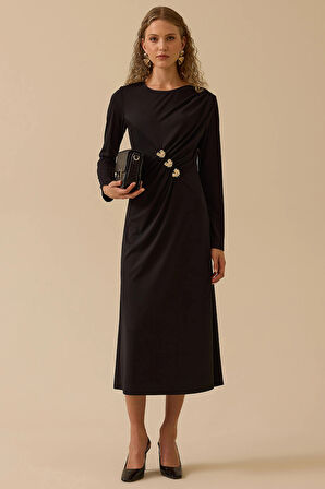 Seçil Kadın Gold Aksesuar Detaylı Drapeli Elbise 0003 Siyah