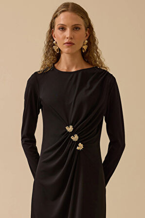Seçil Kadın Gold Aksesuar Detaylı Drapeli Elbise 0003 Siyah