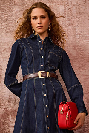 Seçil Kadın Dikiş Detaylı Düğmeli Jean Elbise 0003 Lacivert