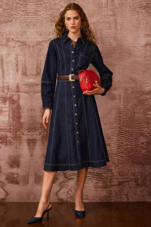 Seçil Kadın Dikiş Detaylı Düğmeli Jean Elbise 0003 Lacivert