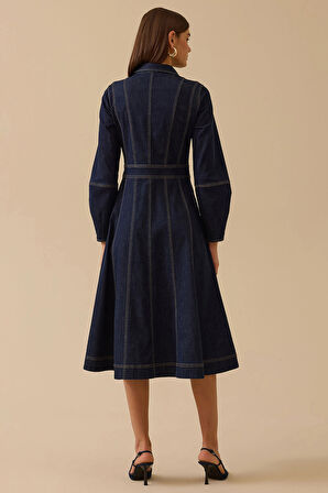 Seçil Kadın Dikiş Detaylı Düğmeli Jean Elbise 0003 Lacivert