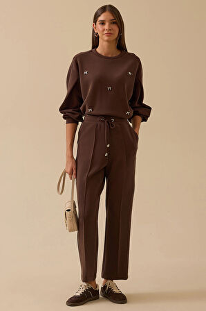 Seçil Kadın Elastik Bel Bağcıklı Şerit Detaylı Pantolon 0008 Kahverengi