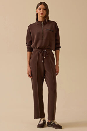 Seçil Kadın Elastik Bel Bağcıklı Şerit Detaylı Pantolon 0008 Kahverengi