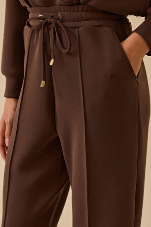 Seçil Kadın Elastik Bel Bağcıklı Şerit Detaylı Pantolon 0008 Kahverengi