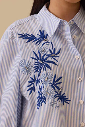 Kadın Rahat Kesim Nakış Detaylı Tunik Gömlek - Mavi | 42