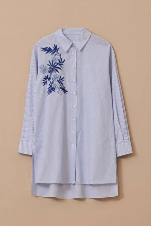 Kadın Rahat Kesim Nakış Detaylı Tunik Gömlek - Mavi | 42