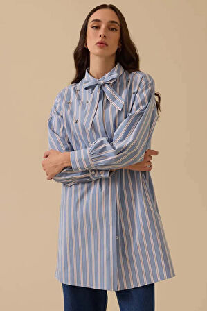 Kadın Rahat Kesim Fular Yakalı Taş Detaylı Gömlek - Mavi | 42