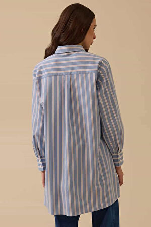 Kadın Rahat Kesim Fular Yakalı Taş Detaylı Gömlek - Mavi | 42