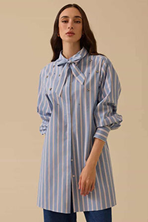 Kadın Rahat Kesim Fular Yakalı Taş Detaylı Gömlek - Mavi | 42