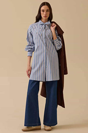 Kadın Rahat Kesim Fular Yakalı Taş Detaylı Gömlek - Mavi | 42