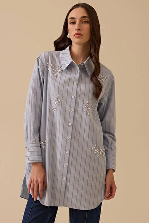 Kadın Çizgili Boncuk Detaylı Gömlek - Mavi | 38