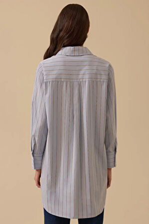 Kadın Çizgili Boncuk Detaylı Gömlek - Mavi | 38