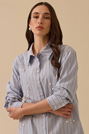 Kadın Çizgili Boncuk Detaylı Gömlek - Mavi | 44