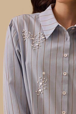 Kadın Çizgili Boncuk Detaylı Gömlek - Mavi | 44