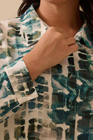 Kadın Büyük Beden Gömlek Yaka Desenli Tunik - Yeşil | 48