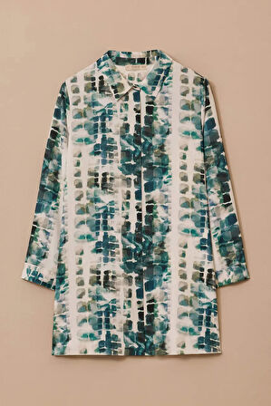 Kadın Büyük Beden Gömlek Yaka Desenli Tunik - Yeşil | 48