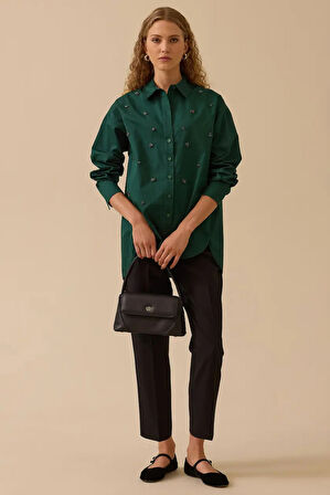 Kadın Taş İşlemeli Gömlek - Yeşil | 40