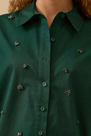 Kadın Taş İşlemeli Gömlek - Yeşil | 40