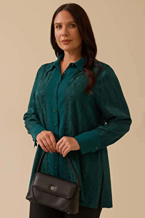 Kadın Büyük Beden Jakarlı Saten Gömlek - Yeşil | 44