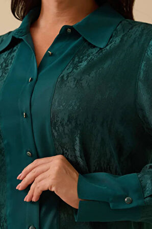 Kadın Büyük Beden Jakarlı Saten Gömlek - Yeşil | 46