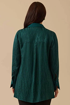 Kadın Büyük Beden Jakarlı Saten Gömlek - Yeşil | 50