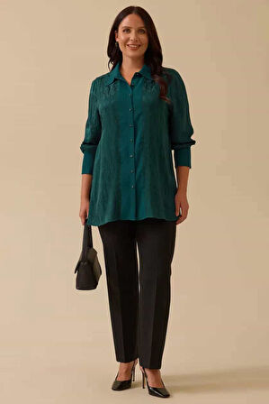 Kadın Büyük Beden Jakarlı Saten Gömlek - Yeşil | 50