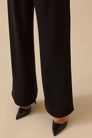 Seçil Kadın Beli Lastikli Tek Pile Geniş Paça Pantolon 0014 Siyah