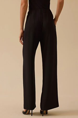 Seçil Kadın Beli Lastikli Tek Pile Geniş Paça Pantolon 0014 Siyah