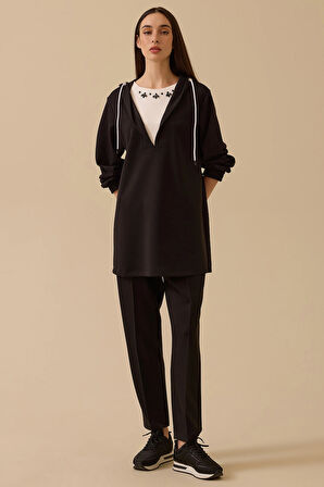 Kadın Bilek Boy Bağcıklı Pantolon - Siyah | L