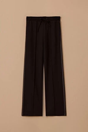 Kadın Suni Deri Biyeli Bol Paça Pantolon - Siyah | L