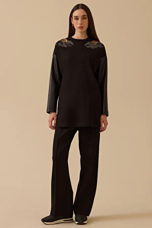 Kadın Suni Deri Biyeli Bol Paça Pantolon - Siyah | S