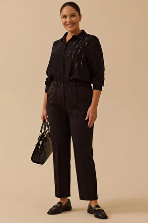 Galaxi Kadın Büyük Beden Tek Düğmeli Düz Paça Pantolon 4001 Siyah