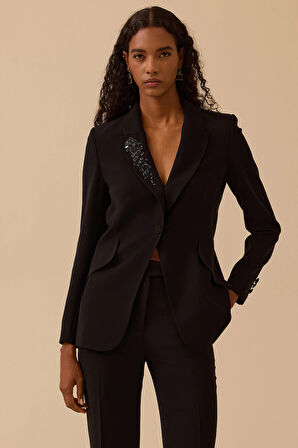 Seçil Kadın Boncuk İşlemeli Tek Düğmeli Ceket 0004 Siyah