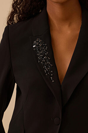 Seçil Kadın Boncuk İşlemeli Tek Düğmeli Ceket 0004 Siyah