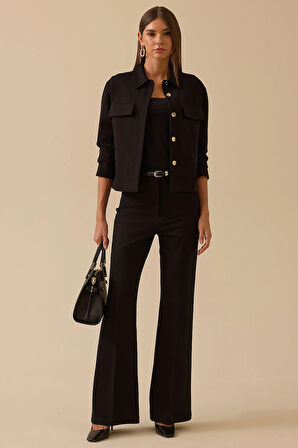 Seçil Kadın Düğmeli Cep Kapaklı Ceket 0005 Siyah