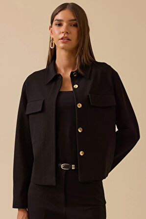 Seçil Kadın Düğmeli Cep Kapaklı Ceket 0005 Siyah