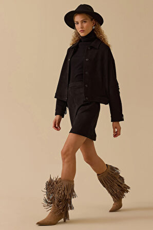 Seçil Kadın Püskül Detaylı Kısa Süet Ceket 0014 Siyah