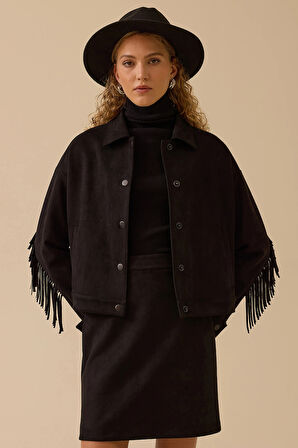 Seçil Kadın Püskül Detaylı Kısa Süet Ceket 0014 Siyah