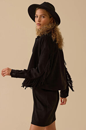 Seçil Kadın Püskül Detaylı Kısa Süet Ceket 0014 Siyah