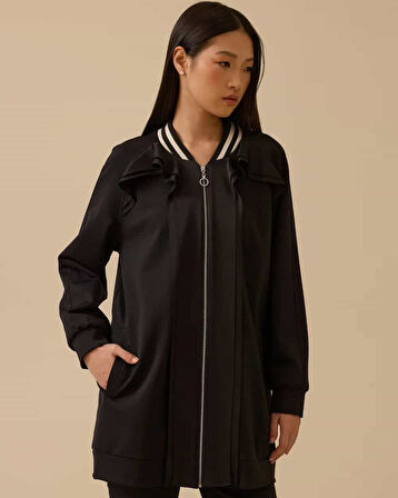 Kadın Fırfır Detaylı Fermuarlı Ceket - Siyah | S