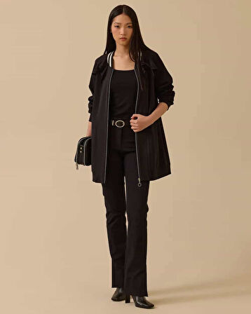 Kadın Fırfır Detaylı Fermuarlı Ceket - Siyah | S