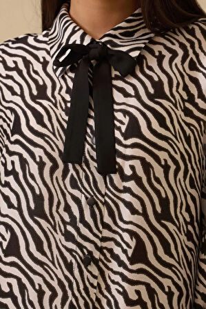 Kadın Zebra Desenli Bağlama Detaylı Tunik - Siyah | 38