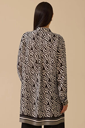 Kadın Zebra Desenli Bağlama Detaylı Tunik - Siyah | 40