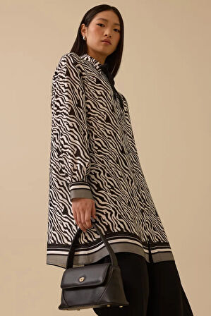Kadın Zebra Desenli Bağlama Detaylı Tunik - Siyah | 40