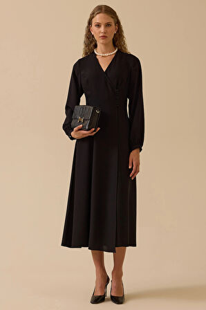 Seçil Kadın Düğme Detaylı Kruvaze Elbise 0005 Siyah