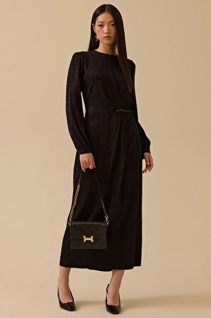 Seçil Kadın Desenli Boncuk Detaylı Saten Elbise 1005 Siyah