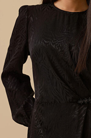 Seçil Kadın Desenli Boncuk Detaylı Saten Elbise 1005 Siyah