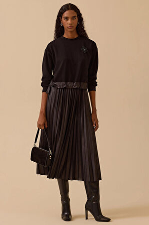 Seçil Kadın Taş Detaylı Suni Deri Pliseli Midi Elbise 1016 Siyah